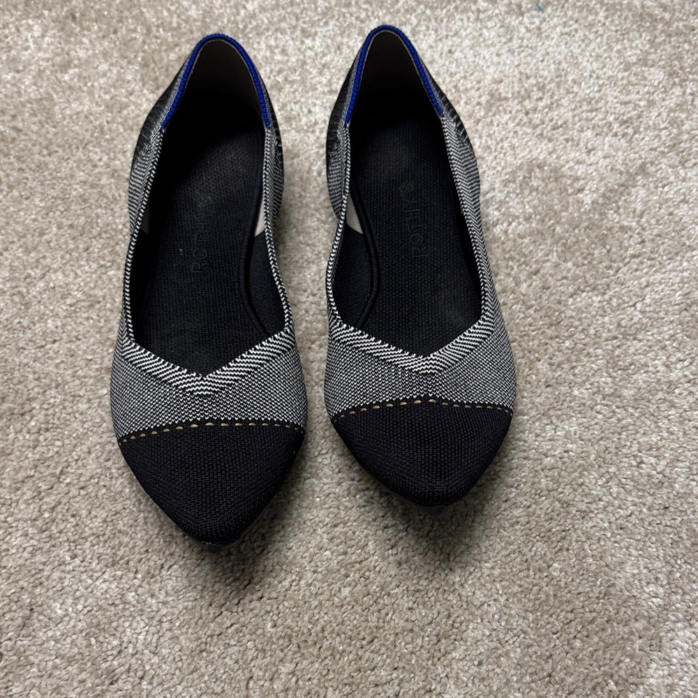 Rothy's Black and Gray Flats with Blue Trim